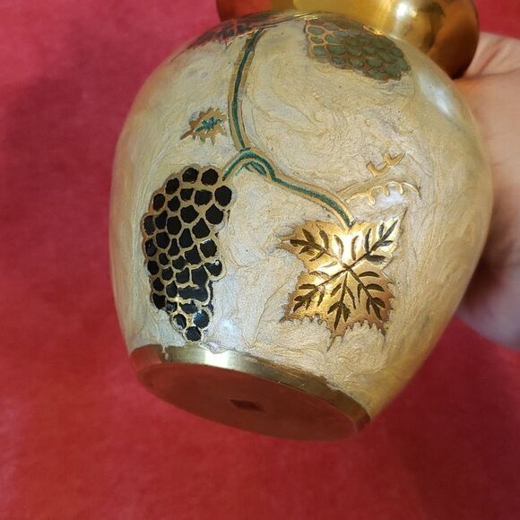 Pretty Vintage Brass Vase with Pearlescent Outer Design - Picture 2 of 12